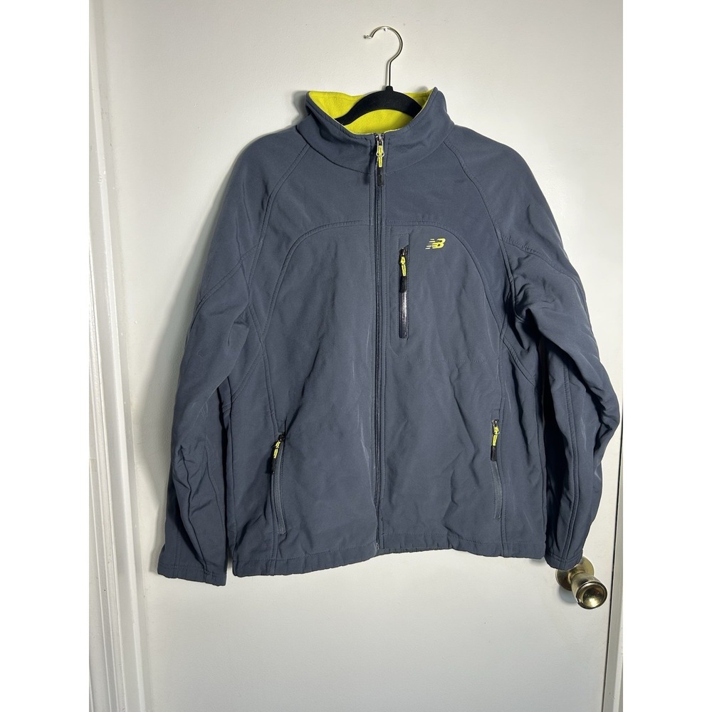 New Balance Men's Medium Softshell Jacket Gray Neon Yellow Fleece Lined Full Zip